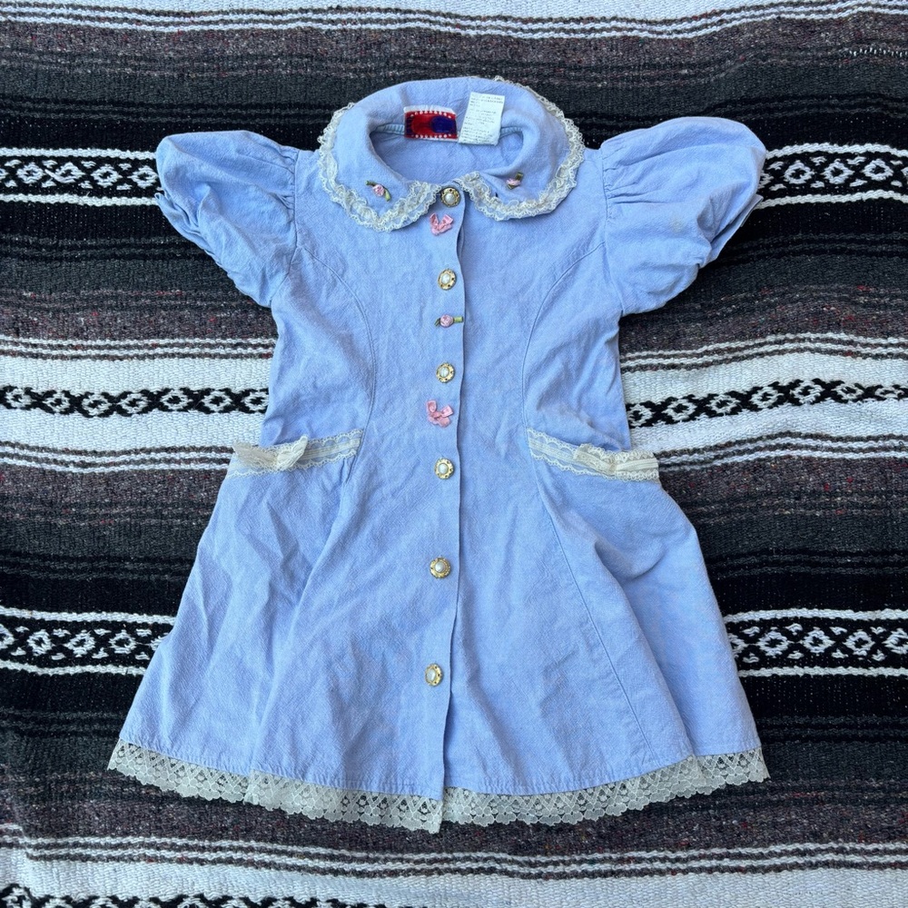 VINTAGE POPSICLE BLUE LACE PEARL BUTTON COTTAGE CORE DRESS SIZE 4T GIRLS
